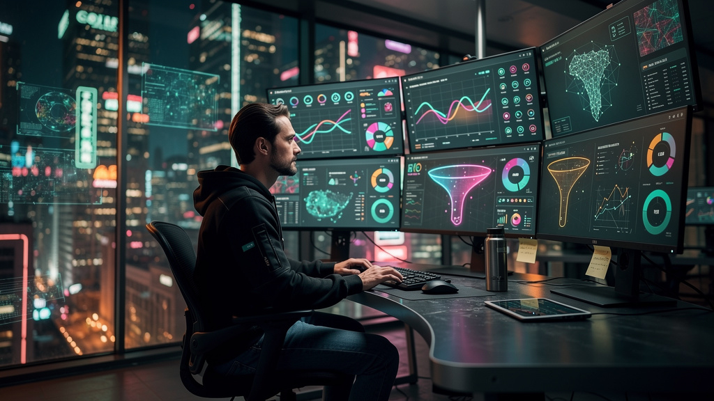 AEO 2026: Como E-commerce se Preparam para a Busca IA — Uma sala de controle futurista com telas exibindo dados e gráficos relacionados a SEO e AEO. Um especialista em marketing digital, vestindo roup