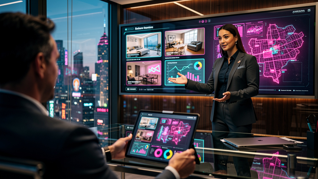 AEO 2026: Como Imobiliárias Escalando Conteúdo com IA — Um corretor de imóveis, em um escritório moderno com paredes de vidro e vista para a cidade, gesticula animadamente enquanto explica a um client