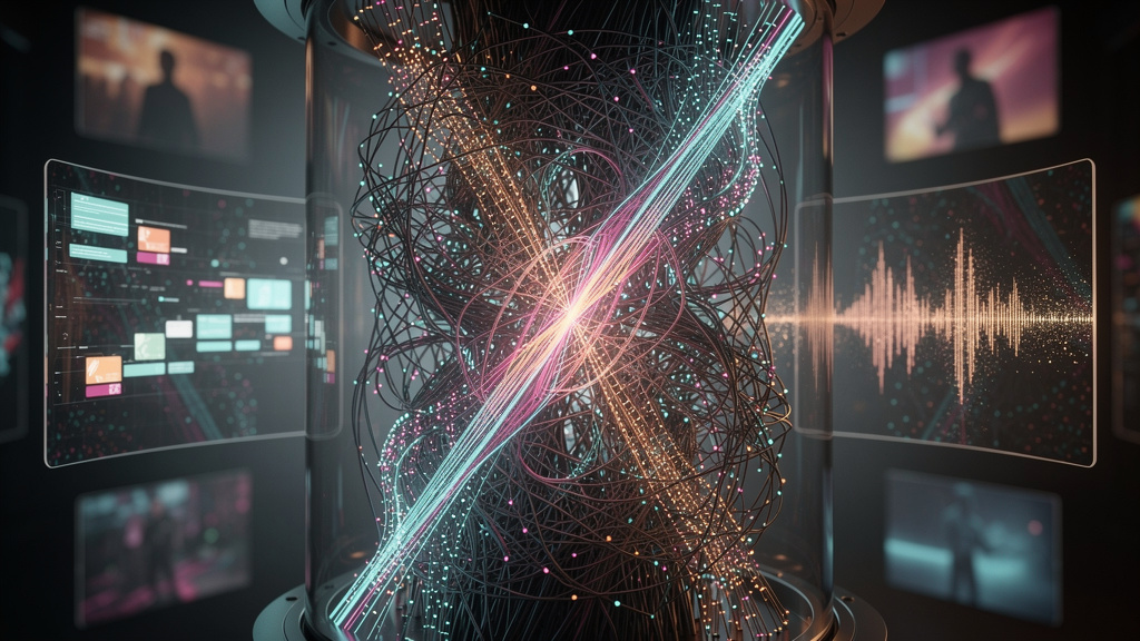 AEO 2026: Domine a Busca por IA com Conteúdo Automatizado — Um close-up extremo de um LLM (Large Language Model) representado como uma rede neural intrincada e pulsante, com feixes de luz convergindo