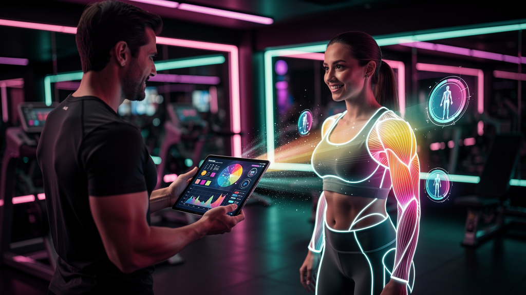 AEO 2026: Otimização de Respostas com IA para Atrair Clientes — Um personal trainer usando um tablet com a interface do Agente AI de Blog da Toolzz para criar um plano de treino personalizado para um