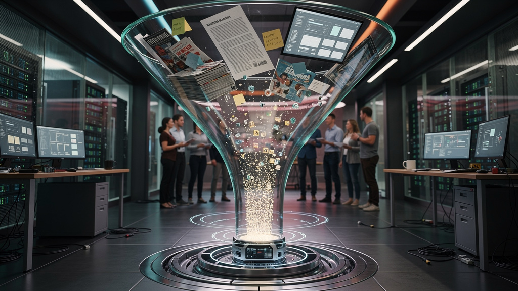 AEO 2026: Otimização para LLMs e o Futuro do Conteúdo — Ilustração de um funil, com o topo representando 'SEO Tradicional' (palavras-chave, backlinks) e a base representando 'AEO' (schema markup, dado