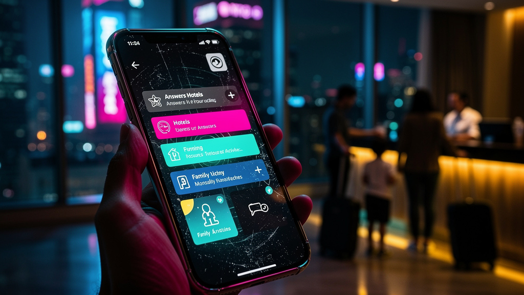 AEO 2026: Toolzz Blog IA vs. Contentools para Turismo e Hotelaria — Close-up de um smartphone exibindo resultados de busca com respostas concisas e diretas sobre 'melhores hotéis em [destino]' e 'o qu