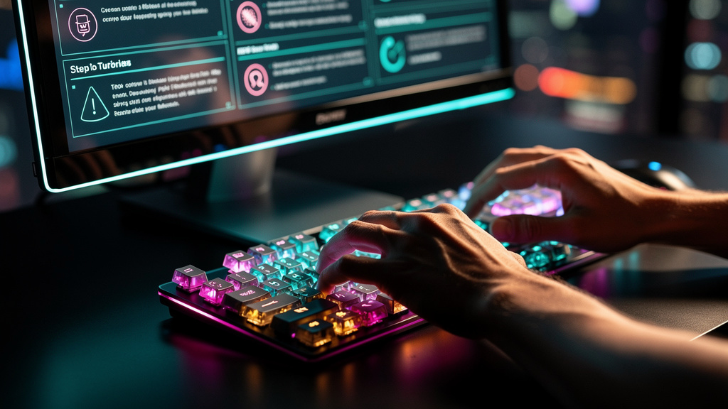 AEO: Domine as Respostas da IA em 2026 — Close-up das mãos de um especialista em marketing digital digitando rapidamente em um teclado futurista. As teclas são translúcidas e iluminadas por dentro. No