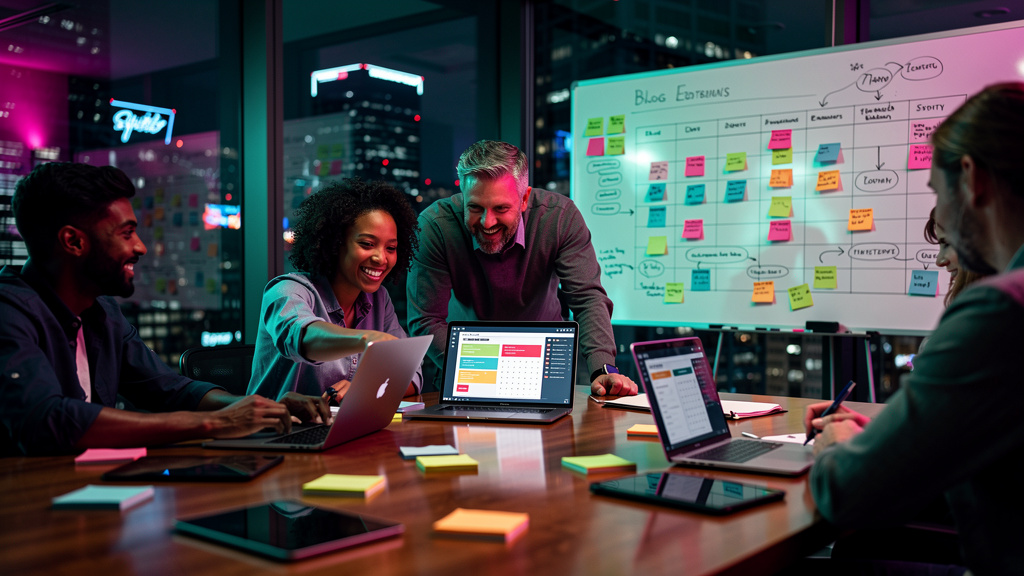 Agência de Conteúdo para Blog: Como Escolher a Ideal (e a Toolzz) — Uma sala de reunião moderna e bem iluminada, com uma equipe diversificada colaborando em um planejamento estratégico de conteúdo. Um