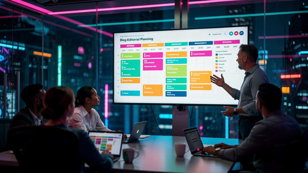 Agência de Conteúdo para Blog: Guia Completo — Um designer de conteúdo sênior, em um escritório iluminado, gesticula enquanto apresenta para uma equipe diversificada um planejamento editorial de blog,