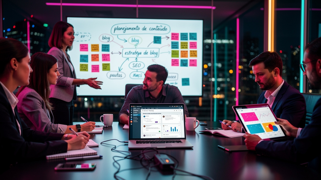 Agência de Conteúdo para Blog: Guia Completo e Comparativo — Uma equipe de marketing reunida em uma sala de reuniões moderna. Na parede, um quadro branco exibe um planejamento de conteúdo detalhado, c