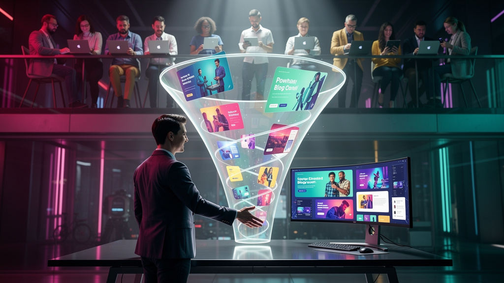 Agência de Conteúdo para Blog: Guia Completo e IA — Ilustração de um funil de marketing digital. No topo do funil, um grupo diversificado de pessoas está pesquisando em seus dispositivos. No meio, o c