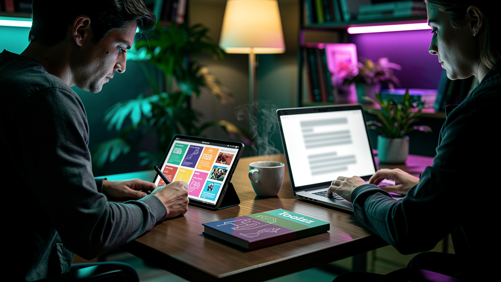 Agência de Conteúdo para Blog: Guia Completo e IA — Um designer trabalhando em um layout de blog em um tablet. Ao lado, um redator digita em um laptop. Uma xícara de café e um bloco de notas da Toolzz