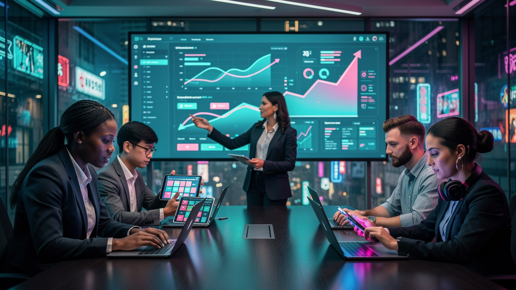 Agência de Conteúdo para Blog: Guia Completo e IA — Um time diverso de profissionais de marketing digital colaborando em uma sala de reunião moderna. Cada membro da equipe está focado em seu trabalho,