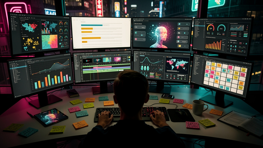 Agência de Conteúdo para Blog: Guia Completo e IA — Uma sala de controle moderna com vários monitores mostrando diferentes etapas da criação de conteúdo: pesquisa de palavras-chave, redação, edição e