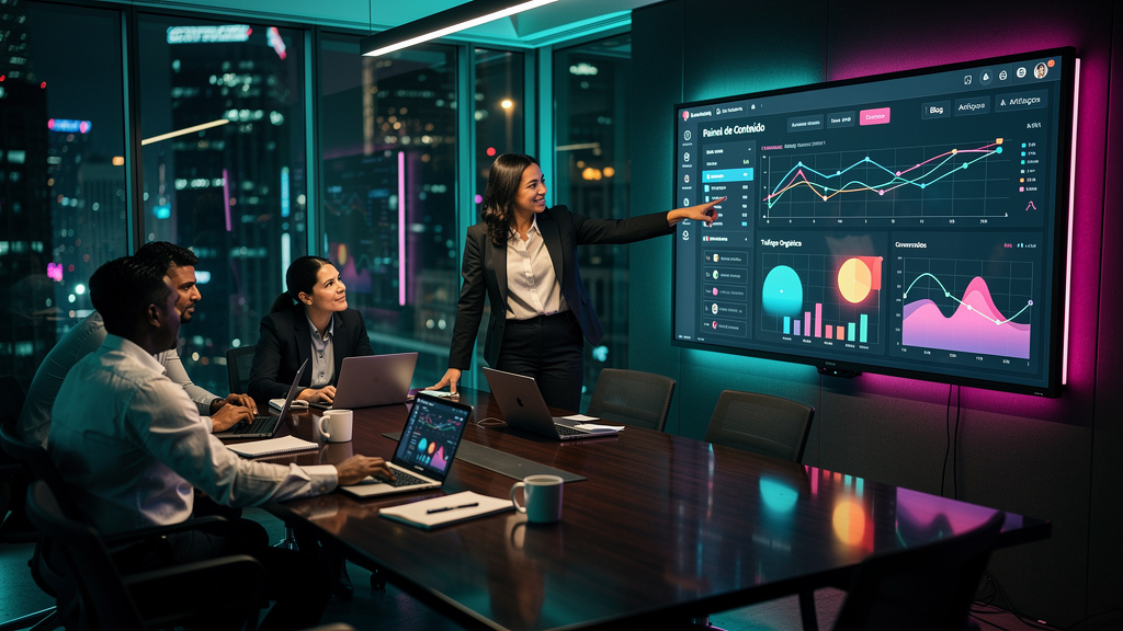 Agência de Conteúdo para Blog: Guia Completo e IA — Uma sala de reuniões moderna com uma equipe diversificada colaborando em torno de uma mesa. Um monitor grande exibe um painel de controle de conteúd