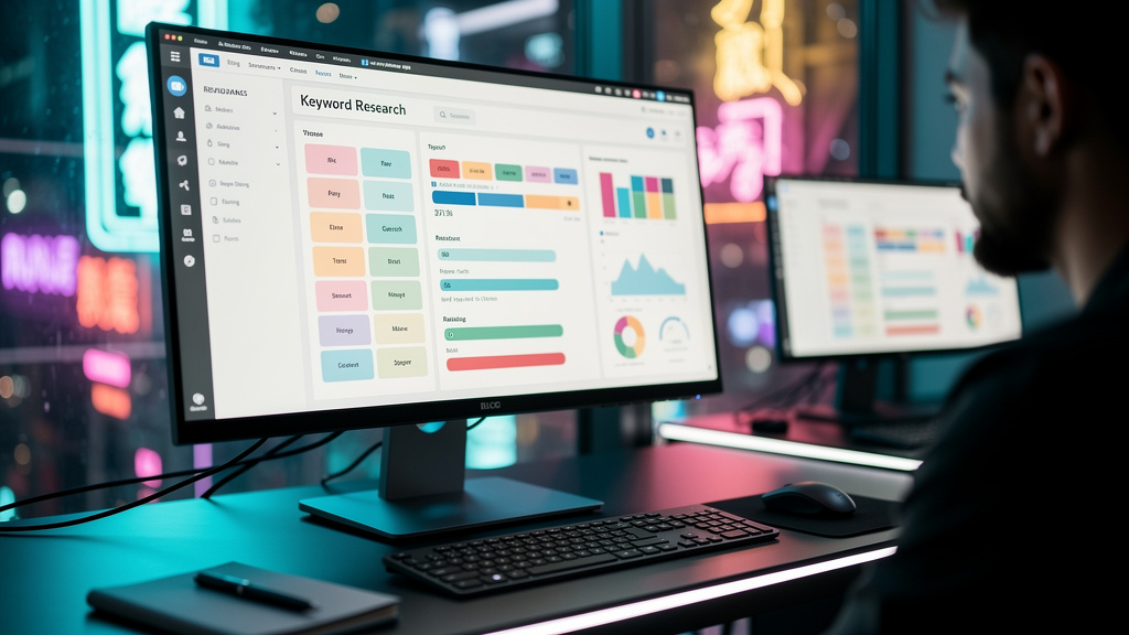 Agência de Conteúdo para Blog: Guia Completo + IA — Um close-up de um monitor mostrando uma tela de pesquisa de palavras-chave. A interface da ferramenta exibe termos relevantes e dados de volume de b