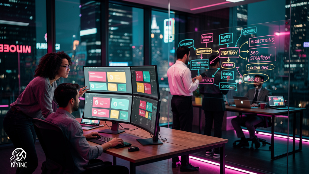 Agência de Conteúdo para Blog: Guia Completo + IA — Um time diverso de profissionais trabalhando em um escritório moderno e iluminado. Alguns estão em frente a computadores, outros discutindo em pé em