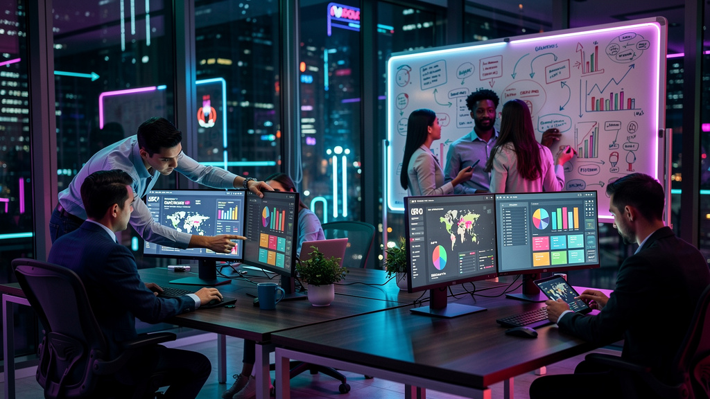 Agência de Conteúdo para Blog: Guia Completo + IA — Uma equipe diversificada de profissionais trabalhando em um escritório moderno e colaborativo. Alguns estão em frente a computadores, outros discuti