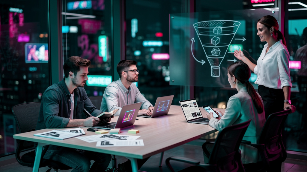 Agência de Conteúdo para Blog: Guia Completo + IA — Uma mesa de escritório moderna e minimalista com quatro cadeiras. Cada cadeira é ocupada por uma pessoa representando um especialista: um redator co