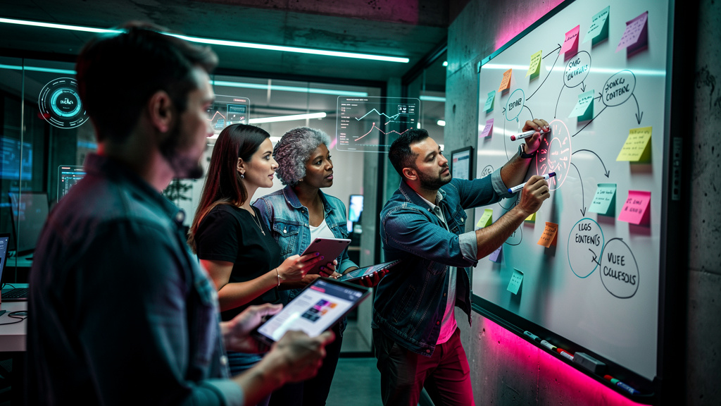 Agência de Conteúdo para Blog: Guia Completo para 2024 — Uma equipe diversificada de profissionais de marketing de conteúdo colaborando em um whiteboard. O quadro está cheio de anotações, diagramas e