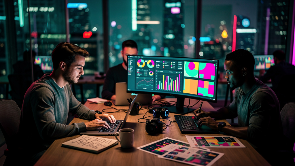 Agência de Conteúdo para Blog: Guia Completo para 2024 — Uma equipe diversificada de profissionais de marketing de conteúdo colaborando em um escritório moderno e iluminado. Cada membro está focado em