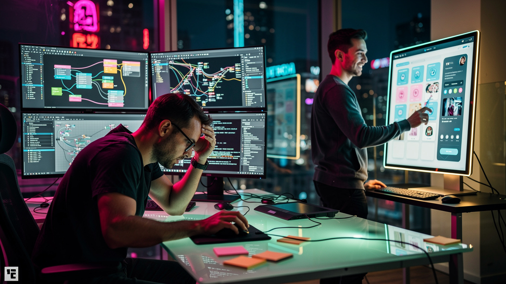 Agências de Marketing: Visual Builders vs. Componentes – Qual o Melhor Custo? — Um desenvolvedor trabalhando em um ambiente de desenvolvimento visual complexo, com várias janelas abertas mostrando cód