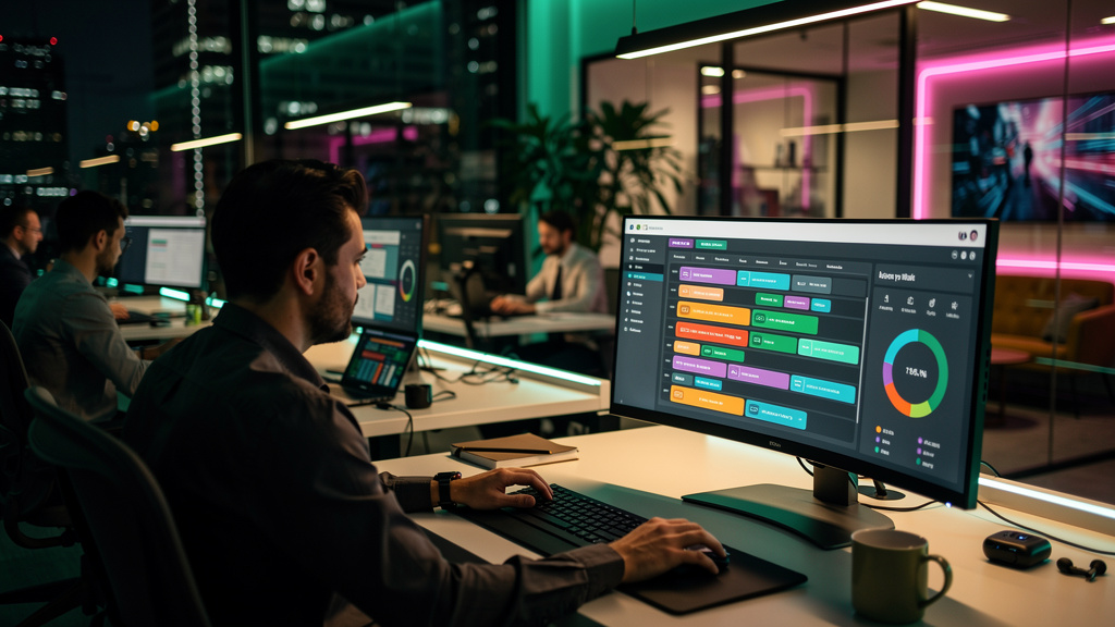Agenda AI WhatsApp: O Futuro do Agendamento Inteligente — Um escritório moderno e movimentado, com pessoas trabalhando em computadores. Em primeiro plano, uma tela exibe um painel da Toolzz AI mostran
