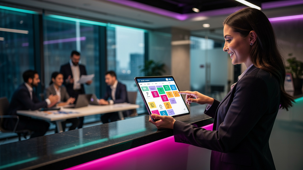 Agenda AI WhatsApp: O Futuro do Agendamento Inteligente — Uma recepcionista de escritório sorrindo e apontando para um tablet que mostra a agenda otimizada pela Toolzz AI. Ao fundo, colegas de trabalh
