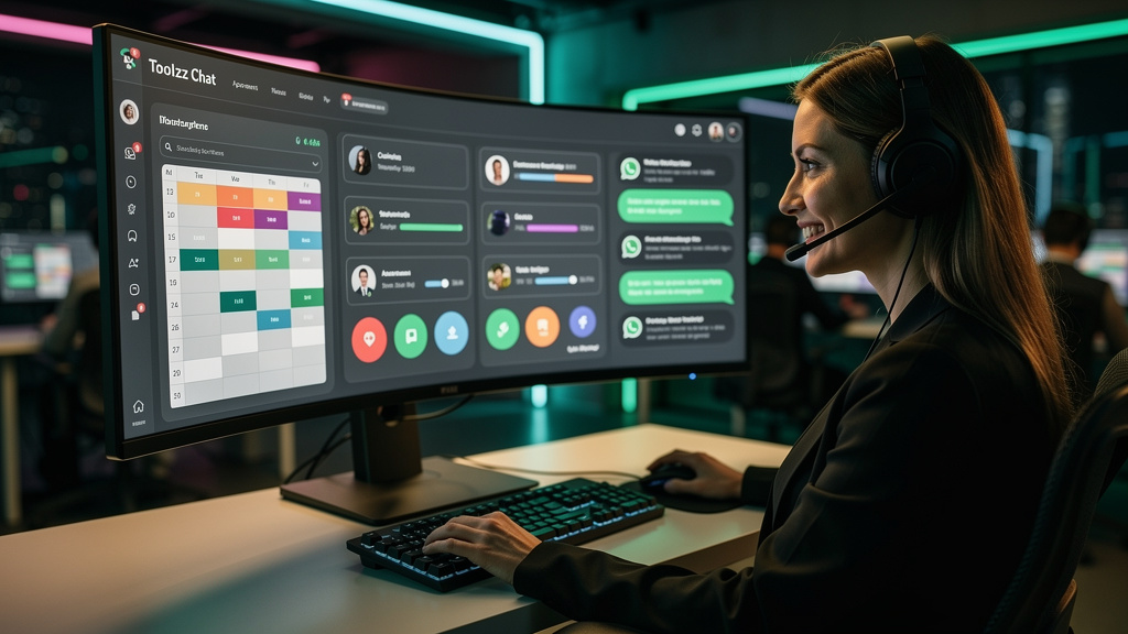 Agenda Inteligente no WhatsApp: Maximize sua Central de Atendimento — Um agente de atendimento ao cliente, sorrindo e vestindo um headset, trabalhando em um computador com a interface da Toolzz Chat a