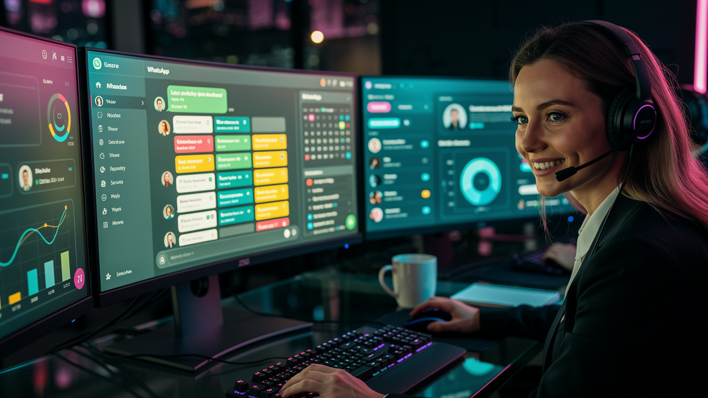 Agenda Inteligente no WhatsApp: Maximize sua Central de Atendimento — Um atendente de call center sorrindo, usando headset, com múltiplos monitores exibindo o painel da Toolzz Chat. Um monitor mostra