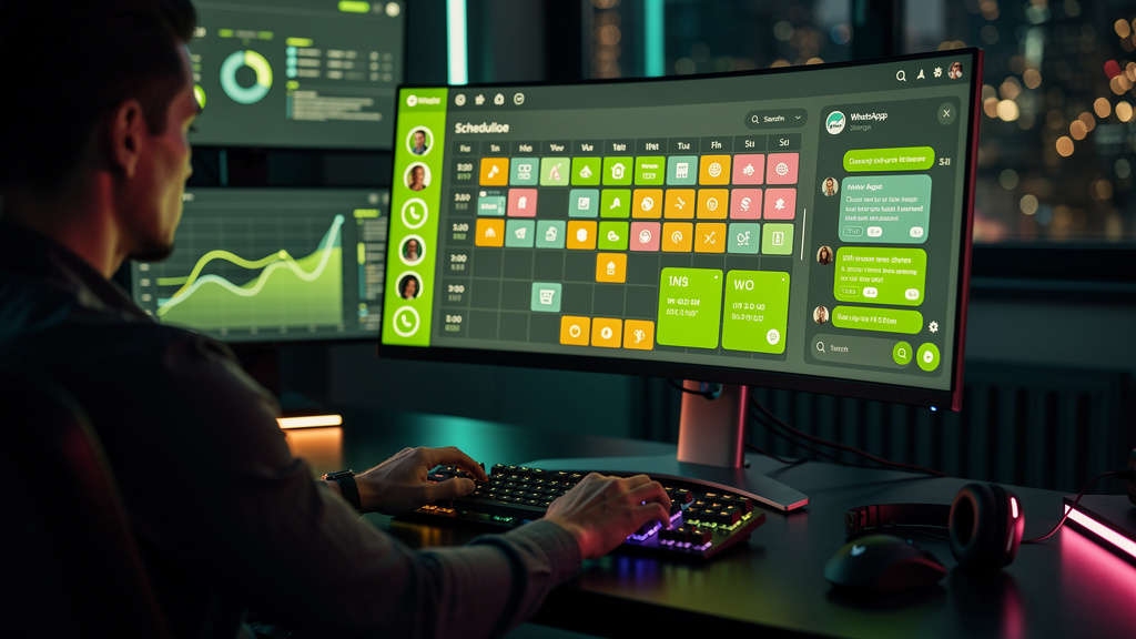 Agenda Inteligente no WhatsApp: Otimize seu Atendimento — Uma tela de computador mostrando uma interface de agenda inteligente integrada ao WhatsApp. A agenda exibe horários disponíveis, compromissos 