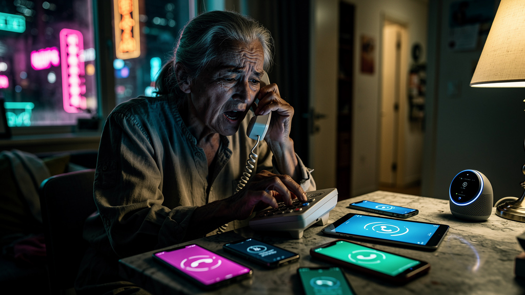 Agenda Médica Personalizada: O Futuro do Atendimento — Paciente idoso tentando marcar consulta por telefone, com várias tentativas frustradas e expressões de impaciência. Ao fundo, a logo da Toolzz ap