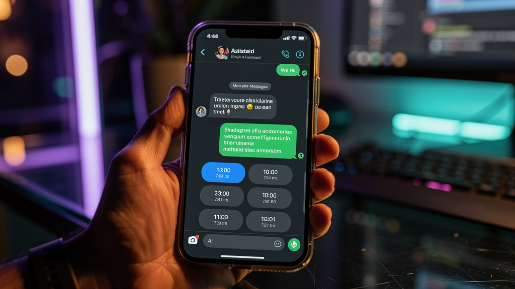 Agenda WhatsApp IA: Otimize o Agendamento e Calendário — Um close-up de um smartphone mostrando uma conversa do WhatsApp com um chatbot da Toolzz. O chatbot responde instantaneamente a um cliente que 