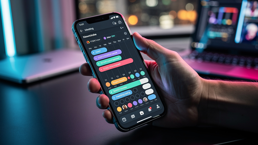 Agendamento Automático: Economize Tempo com IA — Um close-up de um smartphone mostrando uma interface de agendamento inteligente. O aplicativo utiliza IA para sugerir horários ideais para uma reunião,