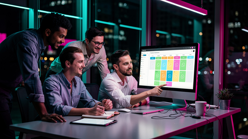Agendamento Automático no WhatsApp: Guia Completo — Um time de funcionários em um escritório moderno e iluminado, colaborando em um projeto. Um deles está mostrando a tela do computador com a platafor