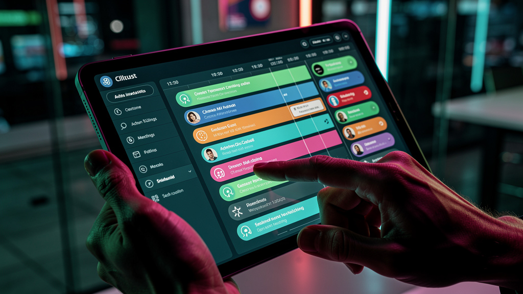 Agendamento Automático: O Futuro da Produtividade — Um close-up das mãos de uma pessoa interagindo com um painel de agendamento automatizado em um tablet. A interface mostra horários disponíveis, opçõ