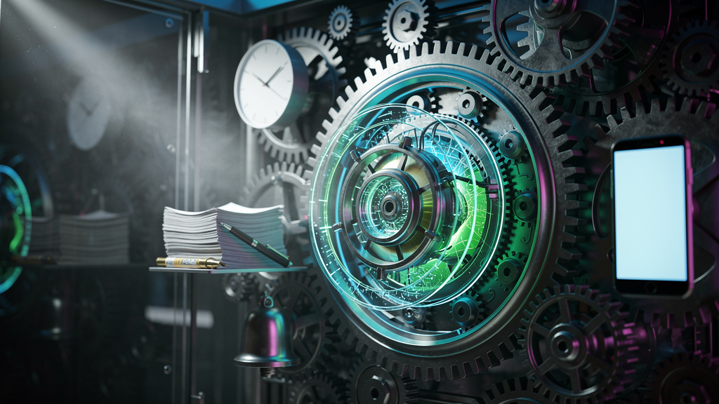 Agendamento Automático: O Guia Completo para 2024 — Ilustração de um complexo sistema de engrenagens interligadas, cada uma representando um aspecto diferente do agendamento (reuniões, tarefas, lembre
