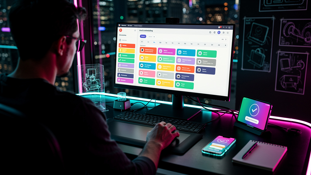Agendamento Automático: O Guia Completo para 2024 — Um designer de UX trabalhando em um protótipo de aplicativo de agendamento automático em sua tela. A interface do aplicativo é clara e intuitiva, mo