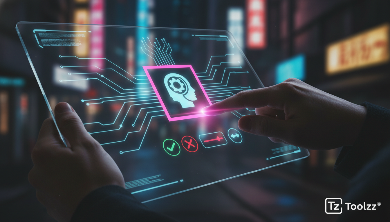 AgentClick: A Nova Interface para Interação Humano-IA — Um close-up das mãos de um usuário interagindo com uma tela touchscreen. A tela exibe uma ação proposta por um agente de IA e a interface do Age