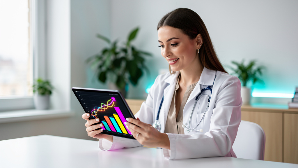 Agente Blog IA: Domine o Google e LLMs para Clínicas e Consultórios — Uma médica sorrindo, usando um tablet para analisar o desempenho do blog de sua clínica. A tela do tablet exibe um gráfico de cres