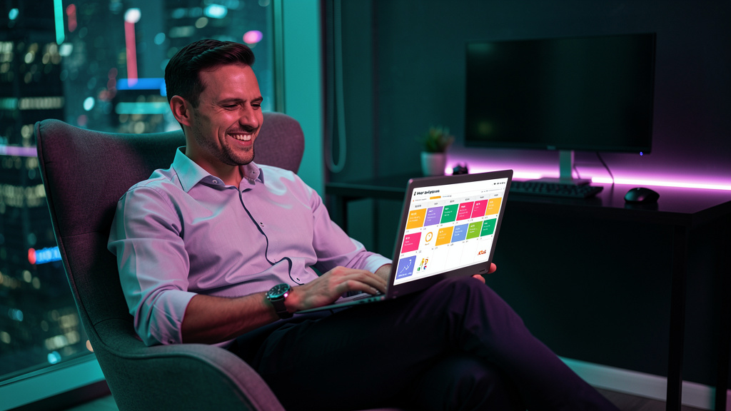 Agente Blog IA: Toolzz vs NeuralText – Qual a Melhor Opção? — Um homem de negócios sorrindo, aliviado, sentado em uma cadeira confortável em um escritório moderno e minimalista, com um laptop aberto n