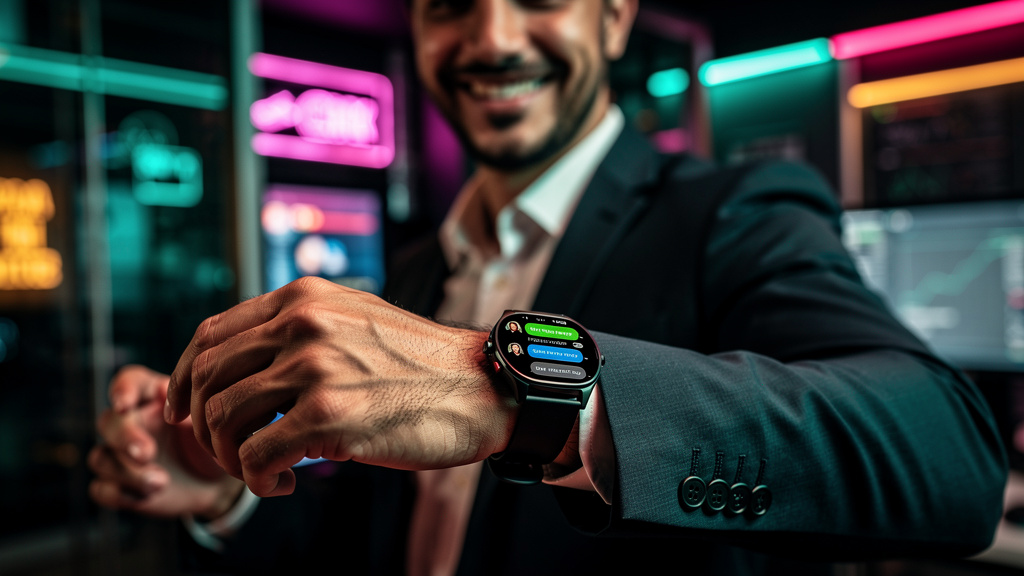 Agente Closer no WhatsApp: Negocie e Feche Vendas com IA — Uma tela de WhatsApp em um smartwatch no pulso de um executivo sorrindo. A tela mostra a IA da Toolzz negociando uma venda com um cliente. A 