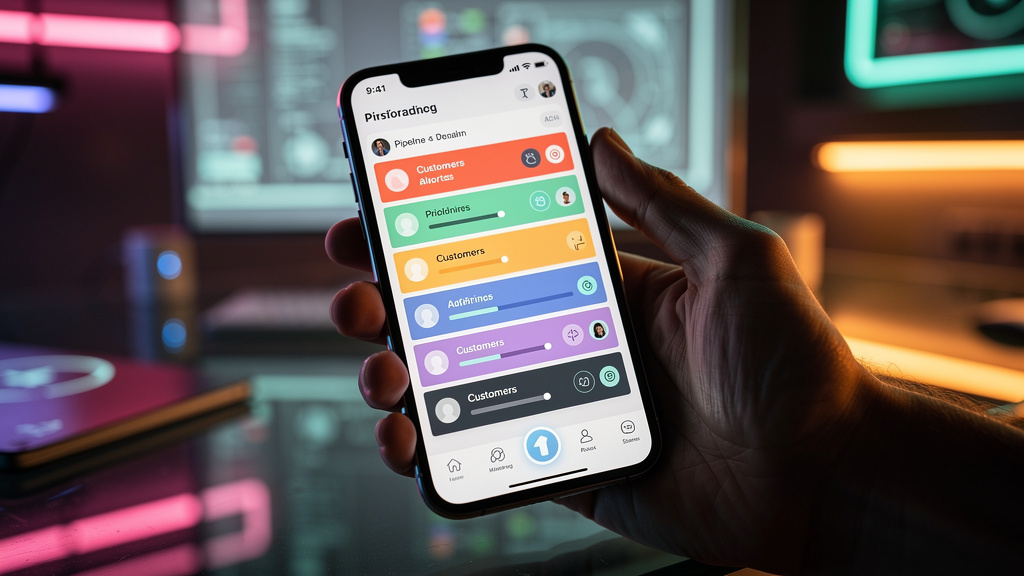 Agente CRM com IA: Otimize seu Pipeline e Dados — Um close-up de um smartphone exibindo uma interface de aplicativo CRM com notificações inteligentes e personalizadas para cada cliente. O design do ap