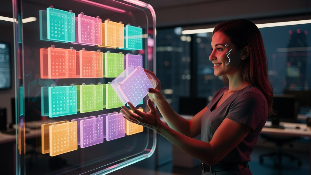 Agente de Agendamento com IA: O Futuro da Produtividade — Ilustração de um assistente virtual em forma de avatar amigável, organizando blocos de calendário coloridos em um painel digital. O avatar sor