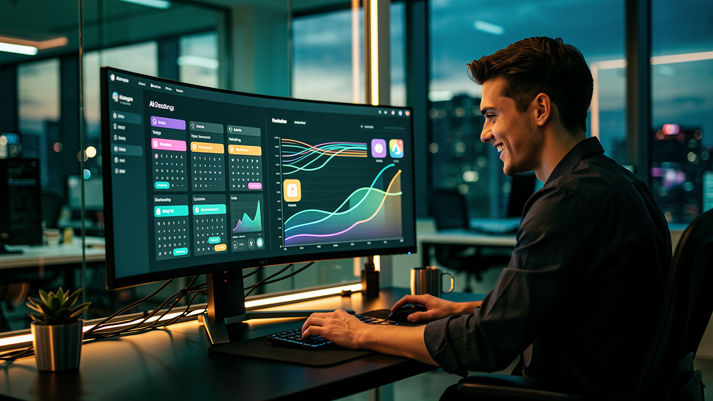 Agente de Agendamento com IA: O Futuro da Produtividade — Uma pessoa em um escritório moderno e iluminado, sorrindo enquanto observa um painel de controle de agendamento em um monitor ultrawide. O pai