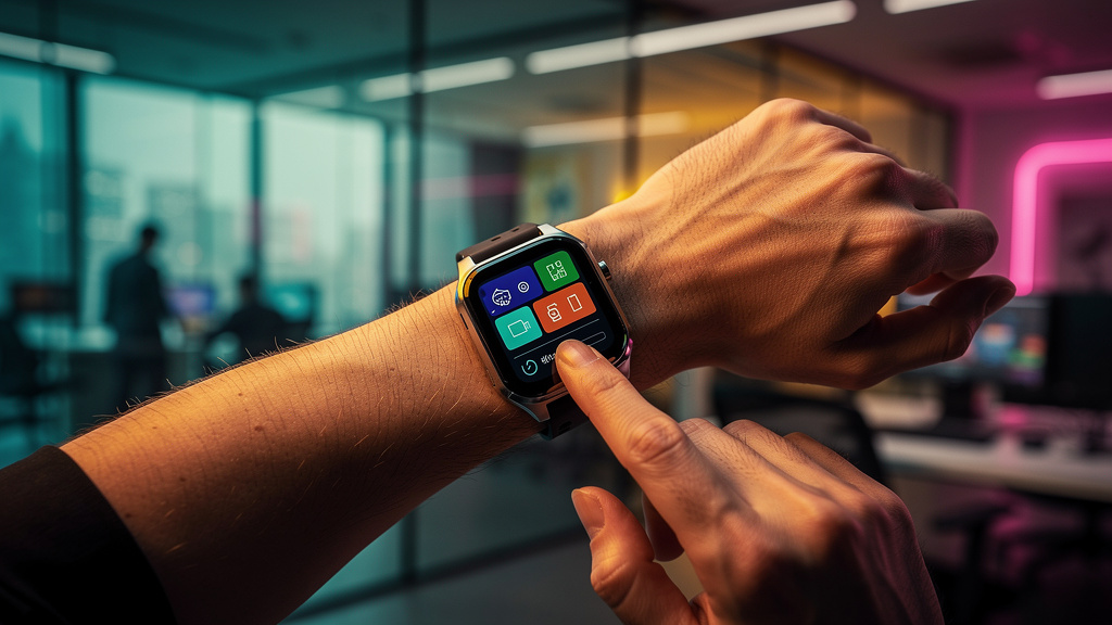 Agente de Agendamento com IA: O Futuro do seu Calendário — Um agente de agendamento de IA Toolzz representado como uma interface futurista e amigável, exibida em um smartwatch no pulso de uma pessoa o