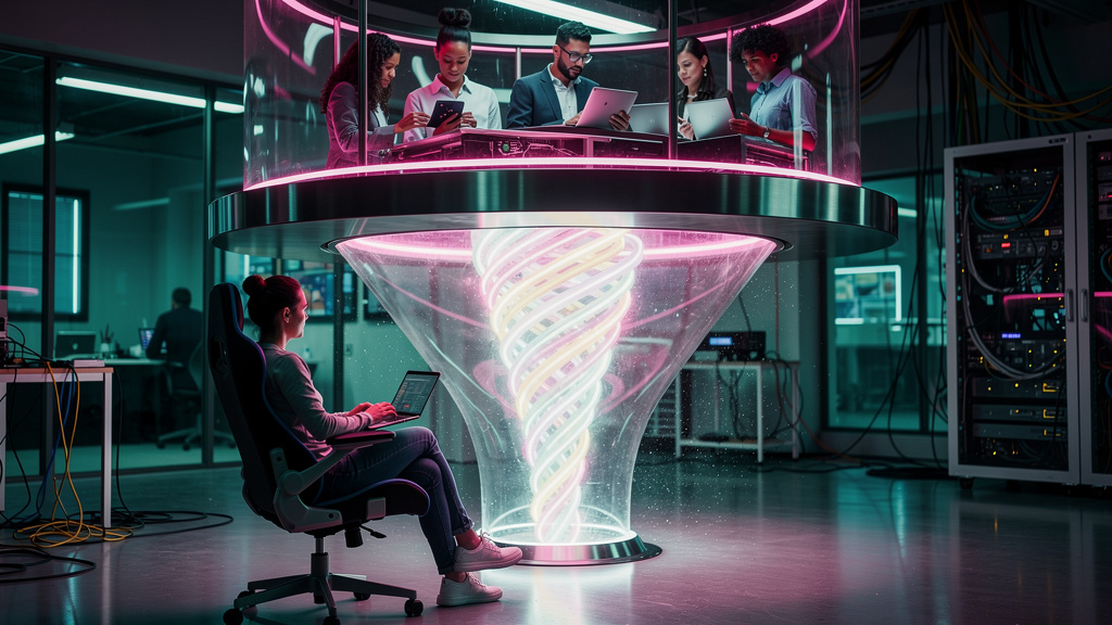 Agente de Blog IA: Domine o Google com Conteúdo Zero-Click — Ilustração digital minimalista mostrando um funil de busca estilizado. Na parte superior do funil, várias pessoas digitam em seus dispositi