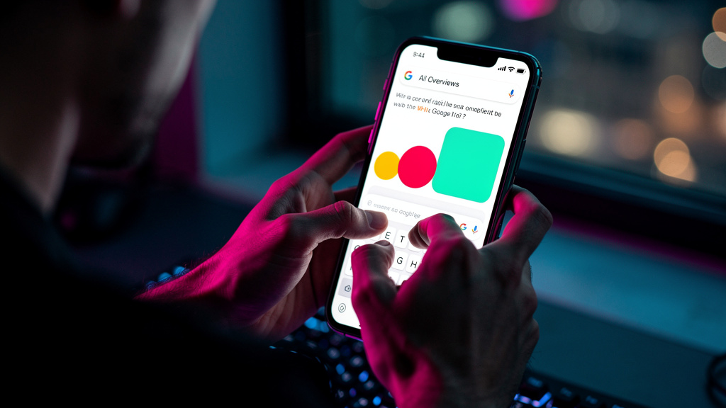 Agente de Blog IA: Domine o SEO com Conteúdo Zero-Click — Um usuário digitando uma pergunta complexa em um celular. A tela do celular mostra os resultados do Google, com o 'AI Overview' exibindo uma r