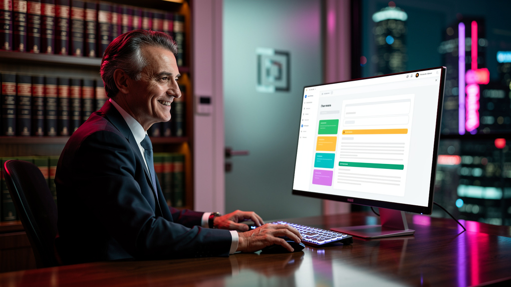 Agente de Blog IA: Toolzz vs Copy.ai - Qual a Melhor Opção? — Um advogado sênior, com um sorriso confiante, utilizando o Agente de Blog da Toolzz em seu escritório. A tela do computador mostra um rasc