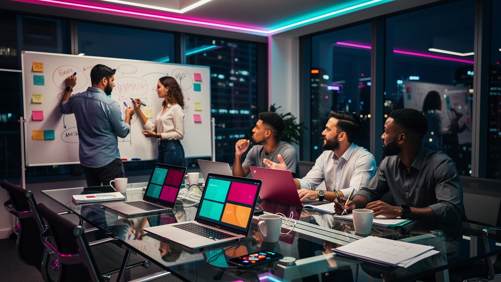 Agente de Blog IA: Toolzz vs. Resultados Digitais – Qual a Melhor Opção? — Uma sala de reunião moderna e iluminada, com uma equipe de marketing da Resultados Digitais debatendo ideias para um novo art