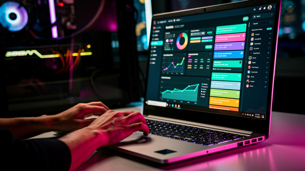 Agente de Blog IA: Toolzz vs. Ubersuggest – Qual a Melhor Opção? — Close-up de um monitor exibindo a interface do Ubersuggest AI, com destaque para a seção de pesquisa de palavras-chave. Uma mão digit