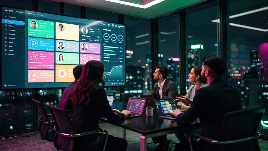 Agente de CRM com IA: Maximize seu Pipeline e a Gestão de Clientes — Um time de vendas em uma sala de reunião moderna, com um grande monitor exibindo a interface de um agente de CRM com IA da Toolzz. 