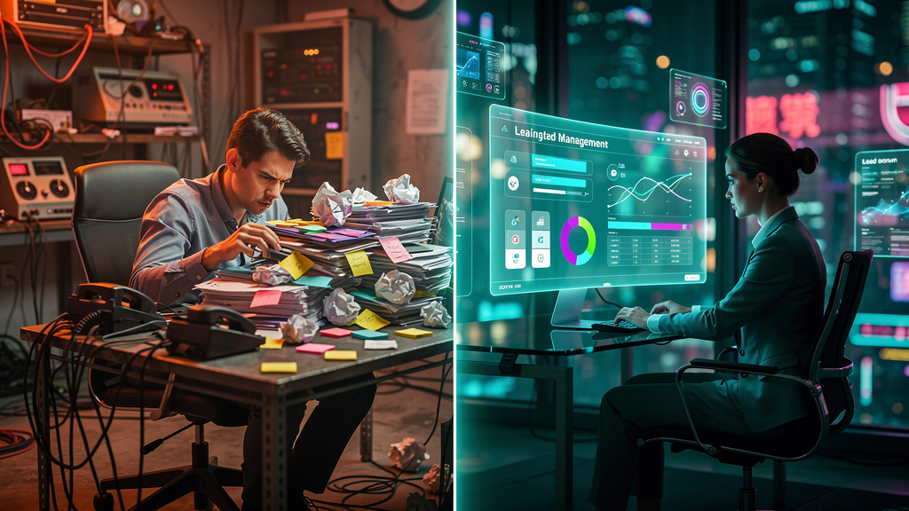 Agente de Follow-up: Otimize Seus Leads com IA — A split-screen illustration. On one side, a frazzled salesperson is buried under a mountain of paperwork and sticky notes, looking stressed and overwhel