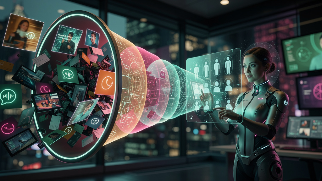 Agente de Follow-up: Qualificação de Leads 24/7 com IA — Um funil de vendas estilizado, com a primeira etapa (aquisição de leads) representada por um fluxo caótico de informações brutas. À medida que